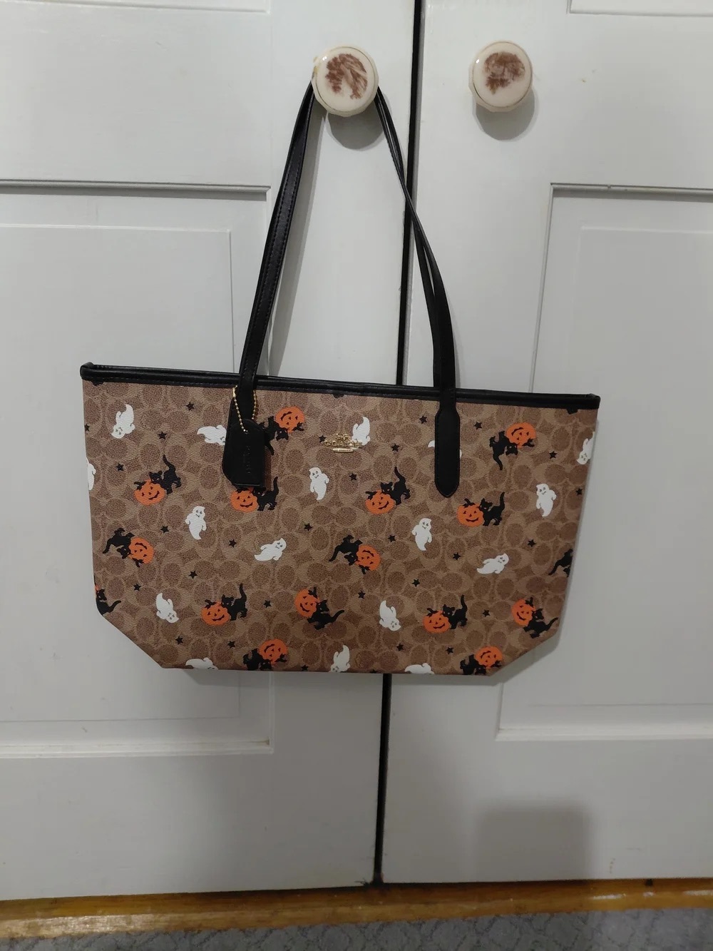 Coach Brown Halloween Monogram Tote with Orange and Black Accents